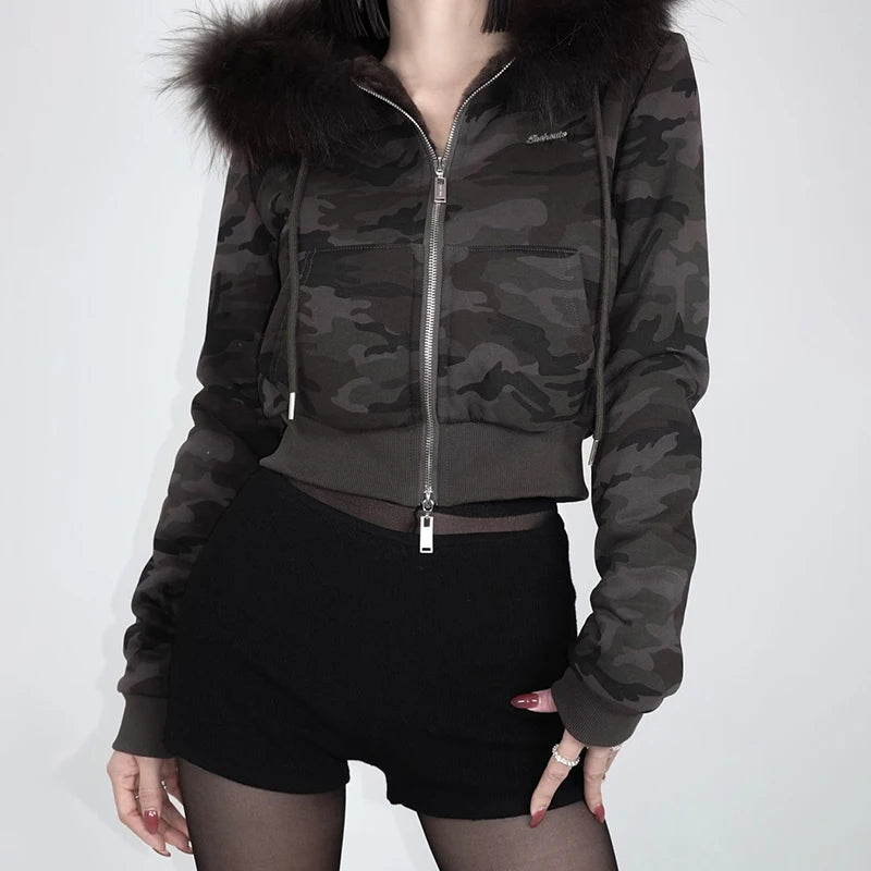 Zip Up Crop Hoodie Coats Camouflage 's Jackets Pockets Fur Neck