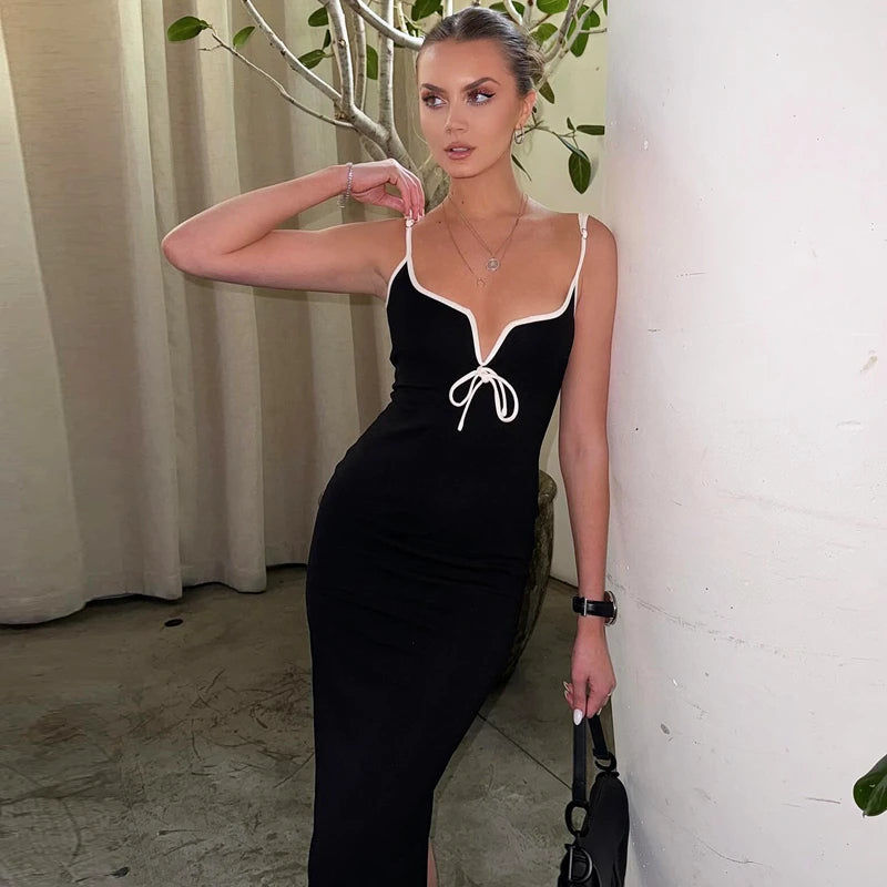 Black V Neck Lace Up Slit Slim Maxi Dress