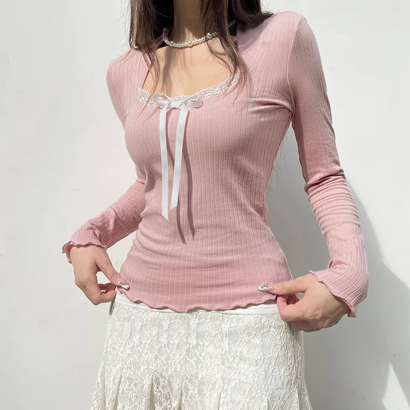 Patchwork Pink Tee Shirts Lace-up Bow Kawaii 's Crewneck Long Sleeves Slim Top