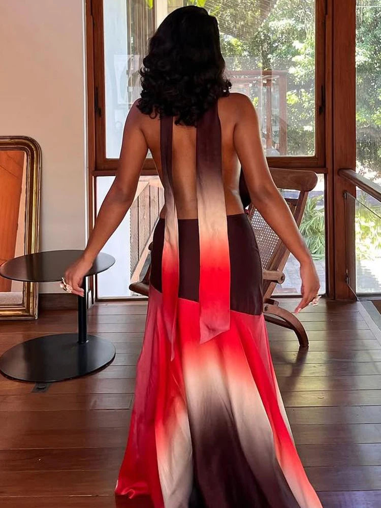 Contrat Patchwork Maxi Dress Halter Deep V-neck Backless Long