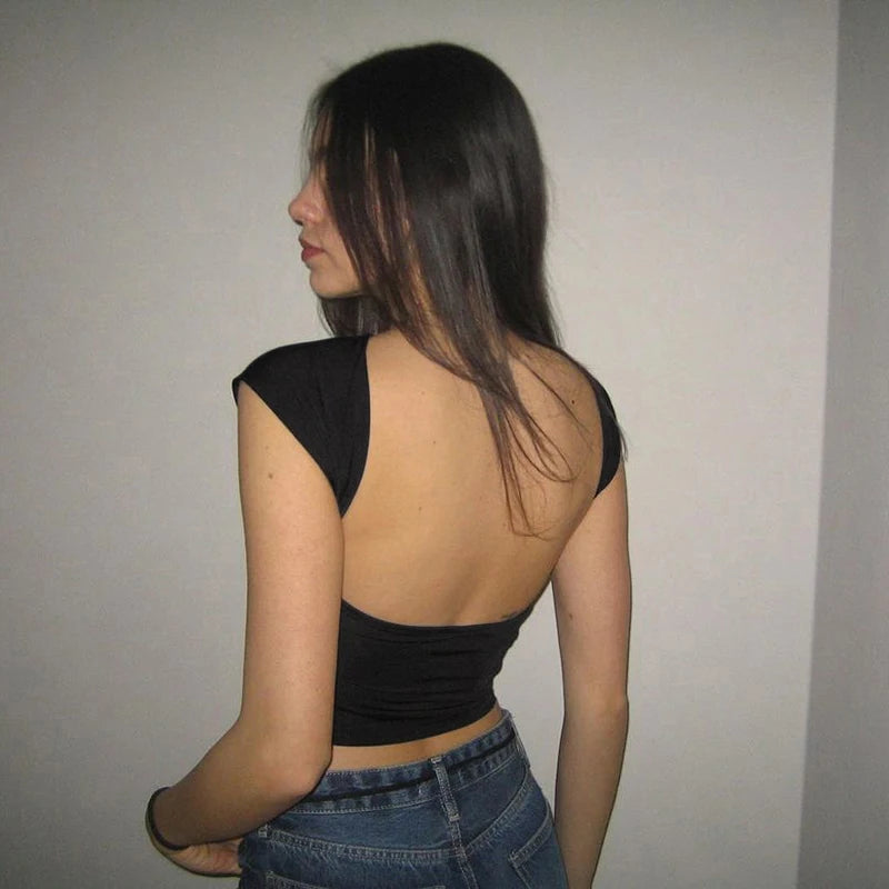 Backless Black Top Tee Short Sleeves Slim Crewneck Crop Shirts