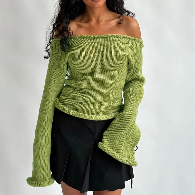 Knit Off Shoulder Slim Long Bell Sleeve Sweater
