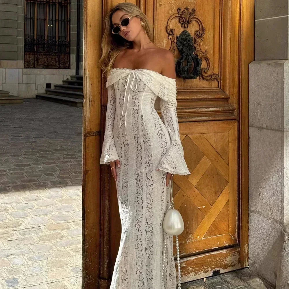 White Off The Shoulder Bodycon Dress in Flare Sleeve Lace Maxi Dress Wedding Guest Dress for