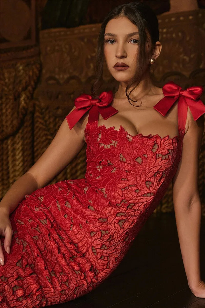 Bows Lace Maxi Dress Sleeveless Backless Bodycon Year Long Dress