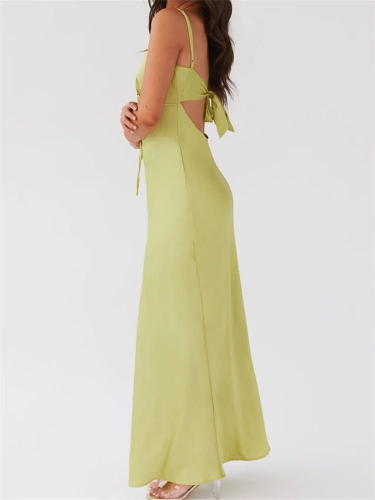 Dress Color Sleeveless Strap V-neck Front Tie-Up Backless Long Dress Slim