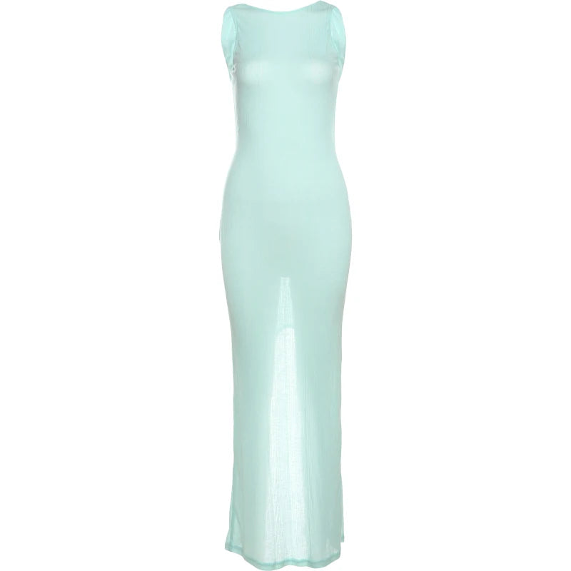 Backless See Through Dress Slit Peach Buttocks Solid Sheath Sleeveless Bodycon