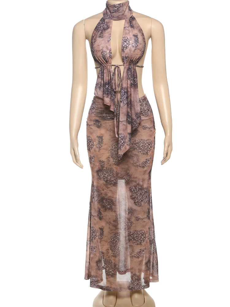 Tie-Dye 2 Piece Set Halter Turtleneck Ruffles Backless Top Ruch Skirts