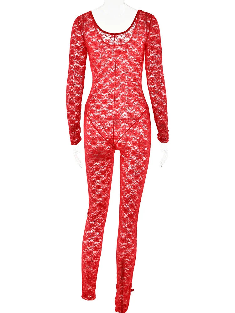 Lace Transparent Thin Solid Jumpsuit Long Sleeve Slim Fit Sheer Night Street Jumpsuit