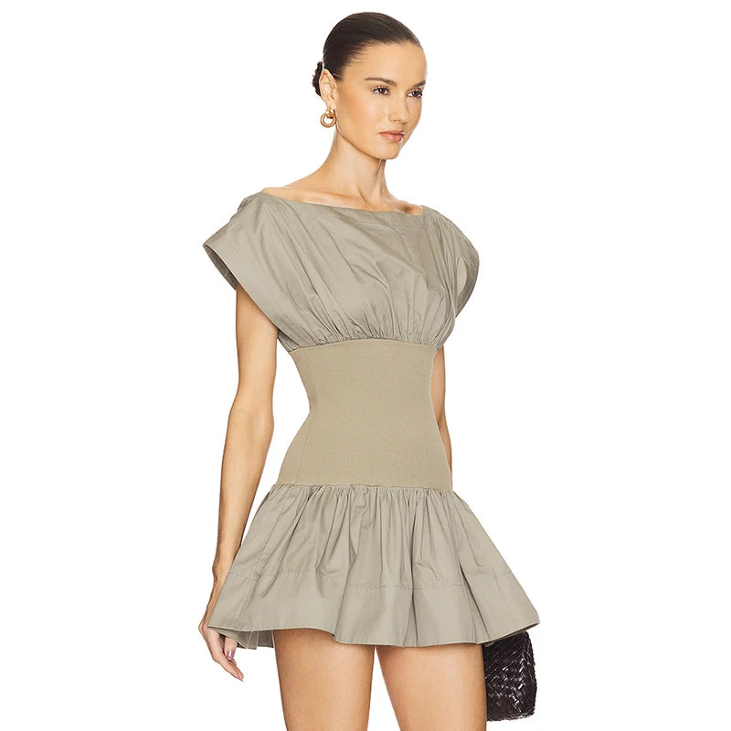 One-Piece Neck Fly Sleeve Shrunken Pleat Pullover Ruffle Wait Cinching Dress