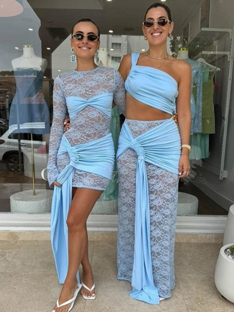 Unique Dress Set Patchwork Irregular Tael Hollow Top Lace Maxi Skirt 2 Piece Suit