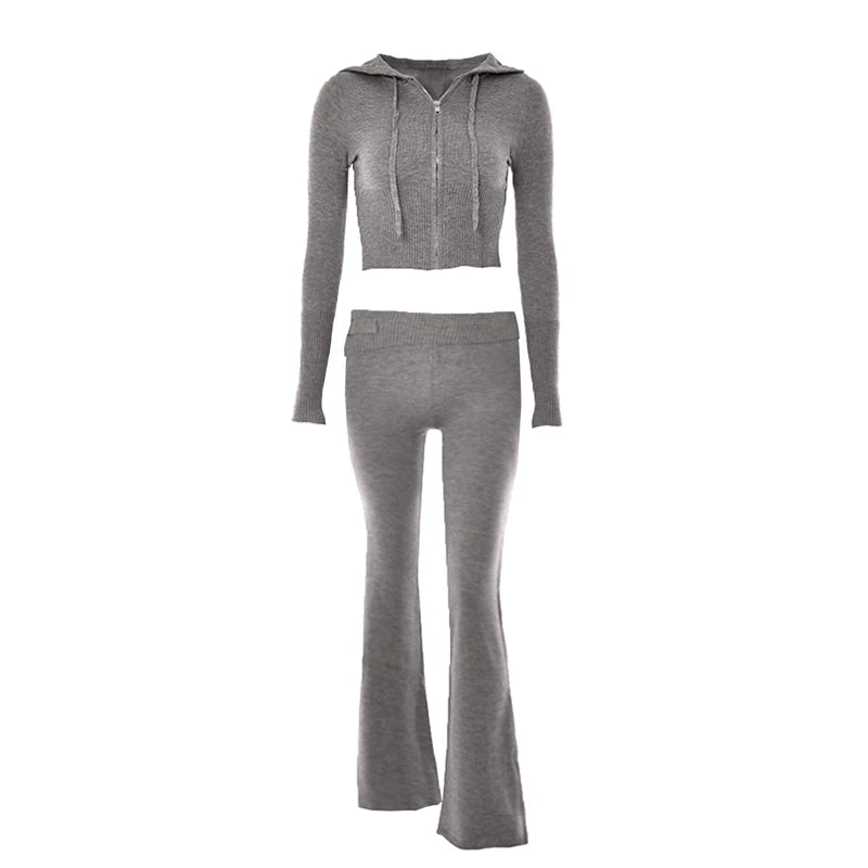 Knit 2 Piece-Set Trousers Hoodie Tracksuit Crop top Knit And Pants Sets Trousers