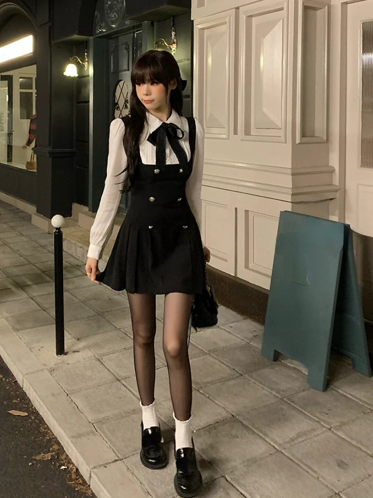 Fake Two Dress Slim Chic Long Sleeve Bow Casual Y2k Mini Dress Korean Short Dress