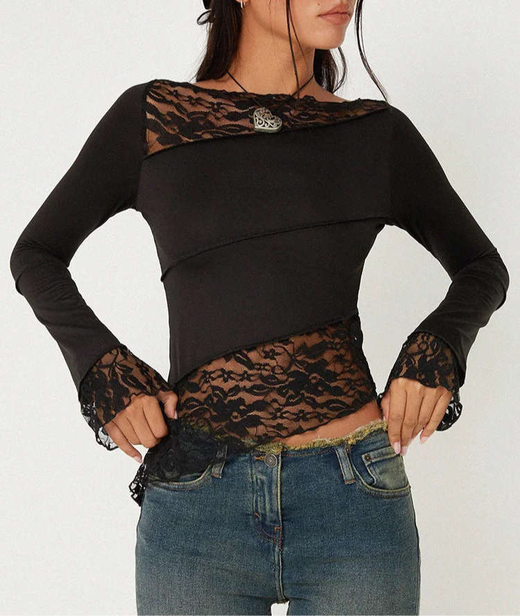 Lace Asymmetrical Sheer Top