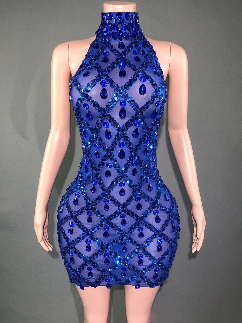 Sparkly Silver Sequins Crystals Short Dress Sleeveless Transparent Birthday Dress Singer Show Wear