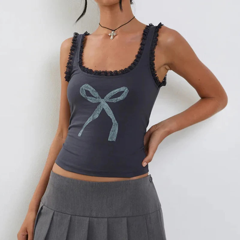 Bow Print sweet Camis Sleeveless Lacework Vests Square Collar Crop Top