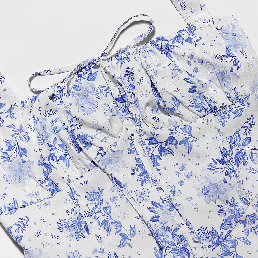 Floral Dress Midi Spaghetti Strap Lace Up Dress A Line