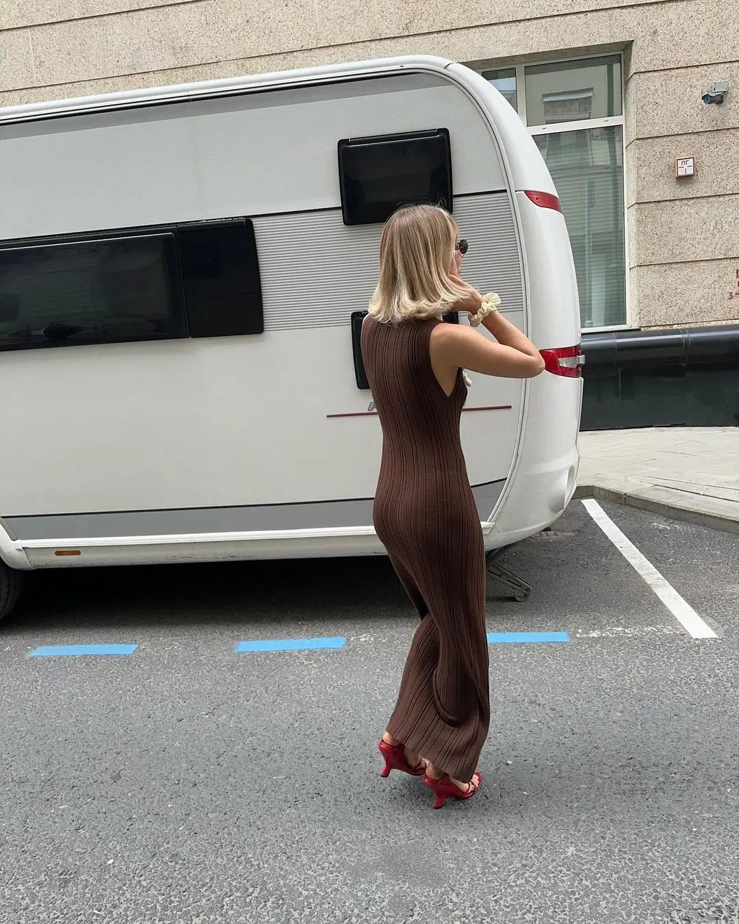 Sleeveless Knit Turtleneck Long Dress Slim Ribbed Knit Dress Maxi Dress