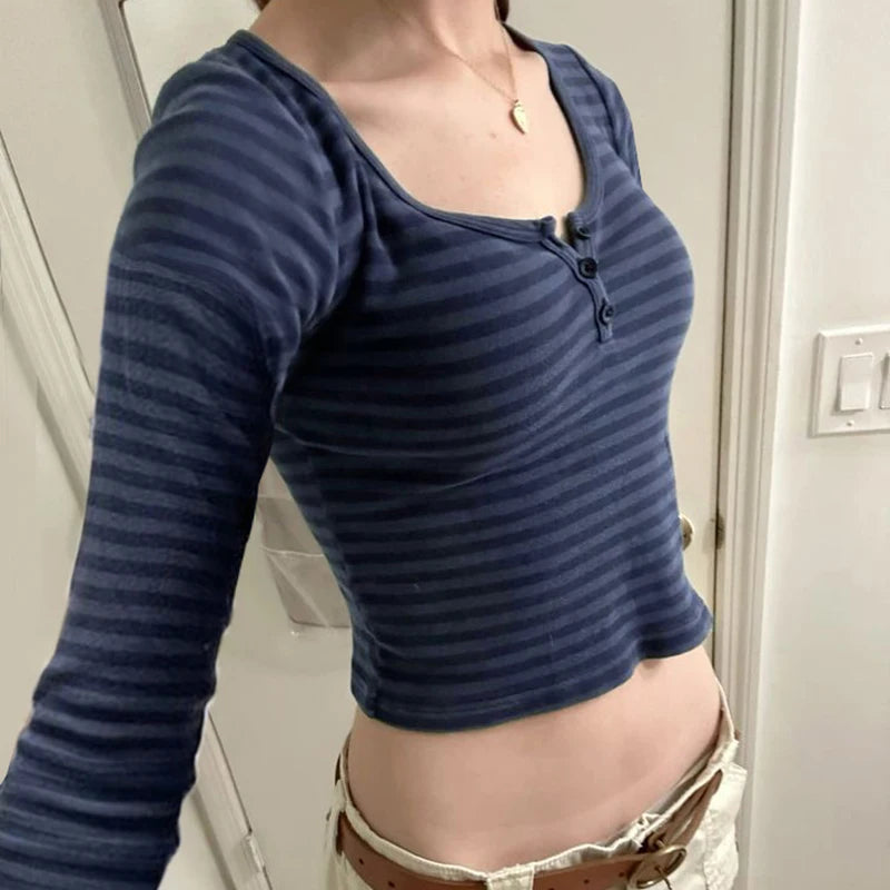 Strip Tee Shirt Button Up Slim Crewneck Top