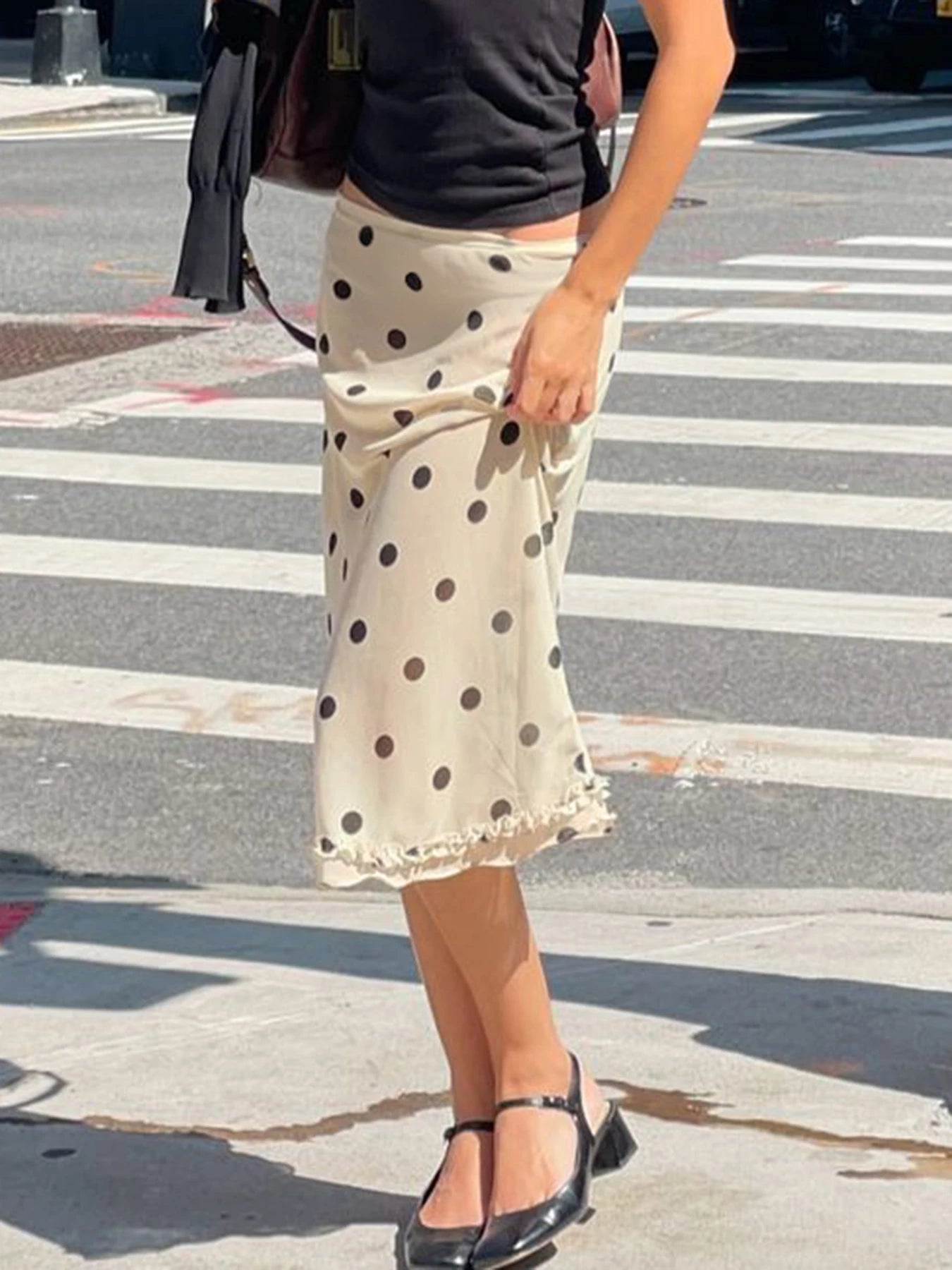 Beige Midi Skirt with Black Dots