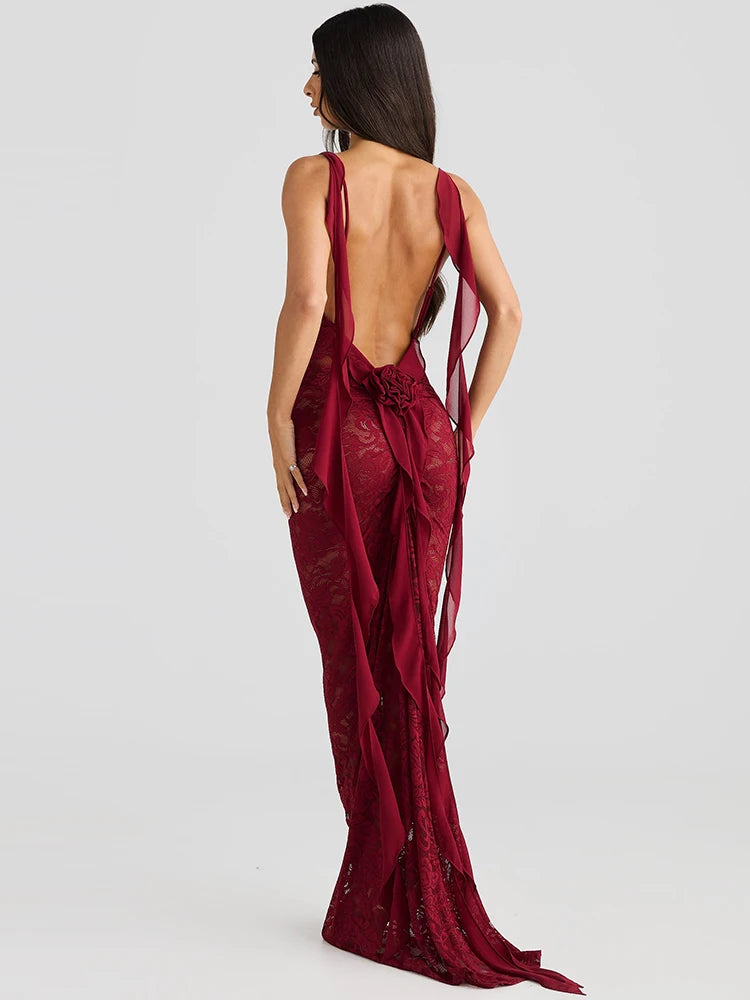 Lace See Through Camisole Maxi Dress For Ribbons Sleeveless Backless Slim Bodycon Long Dress Ladies Robes