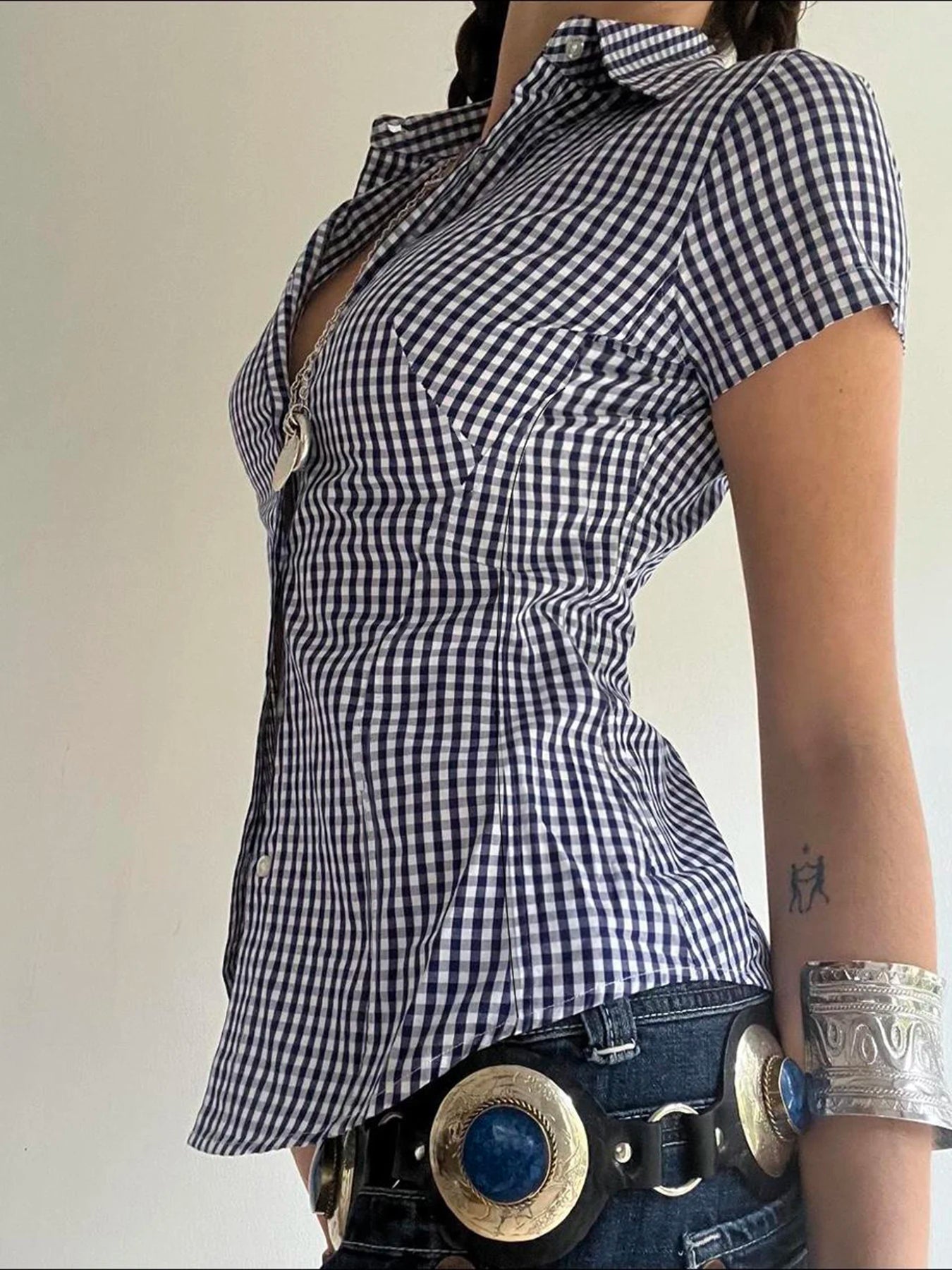 Plaid Bloue Button Up Short Sleeve Tuurn-down Neck Top
