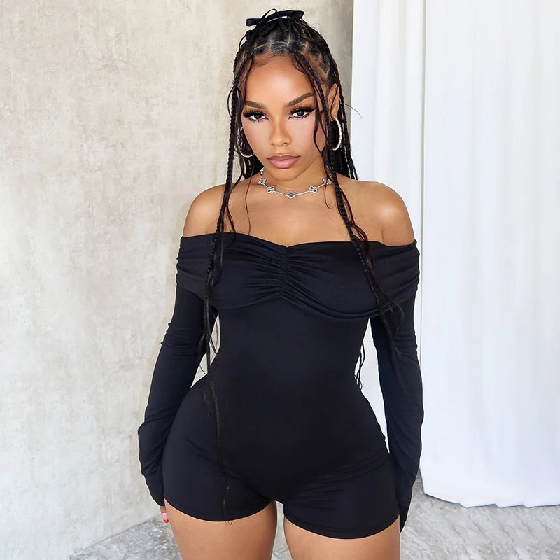 Off Shoulder Pleat Full Sleeve Sporty Playuit Wrap Chet Backless Skinny One Piece Romper