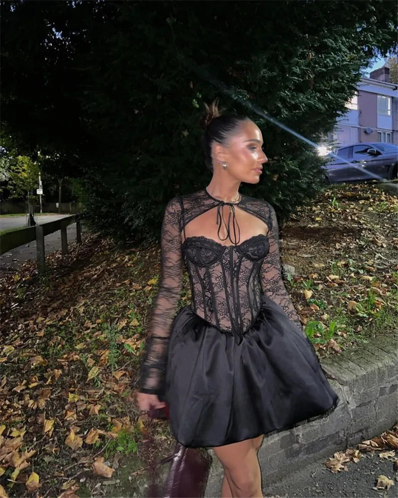Black Lace Puffball Mini Dress Lace-up Sheer Long Flare Sleeve High Waist Dress
