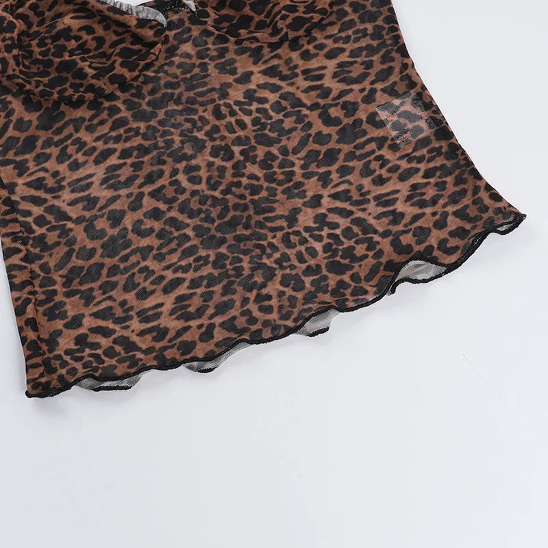 Leopard Print Camisole Mesh See Through Low-Neck Backless Ruffles Hem Street Tank Top