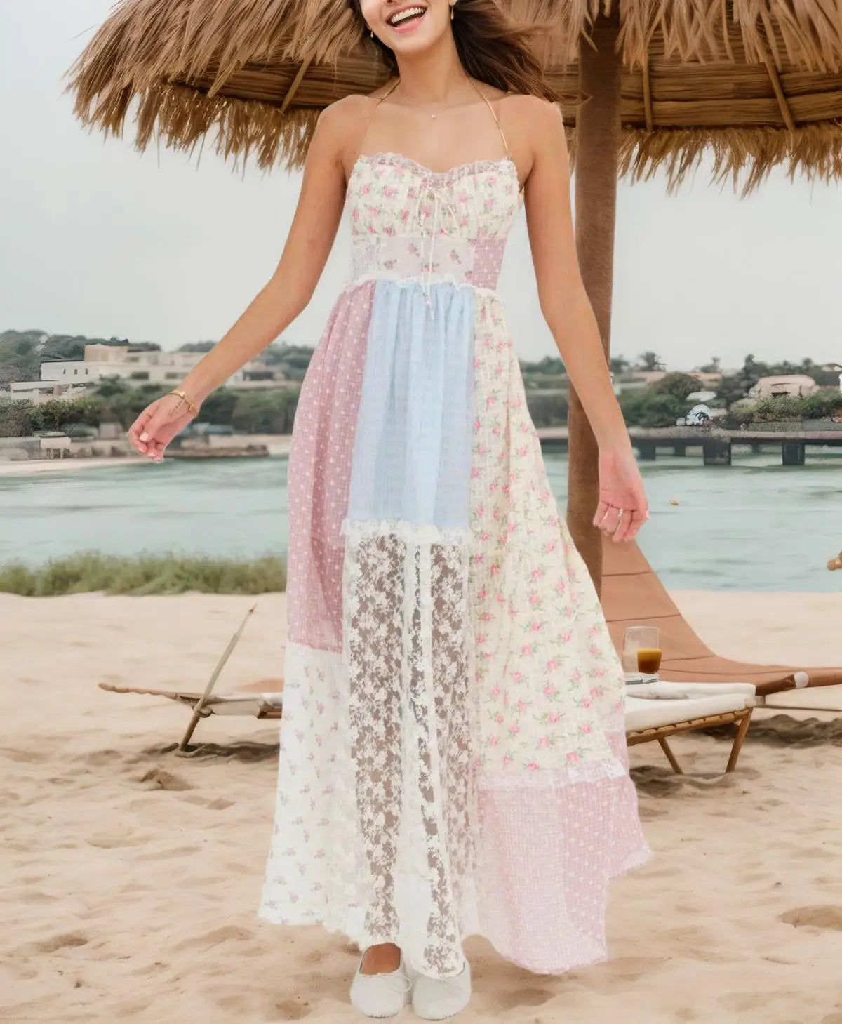 Backless Patchwork Floral Halter Dress Boho Long Dresses Maxi