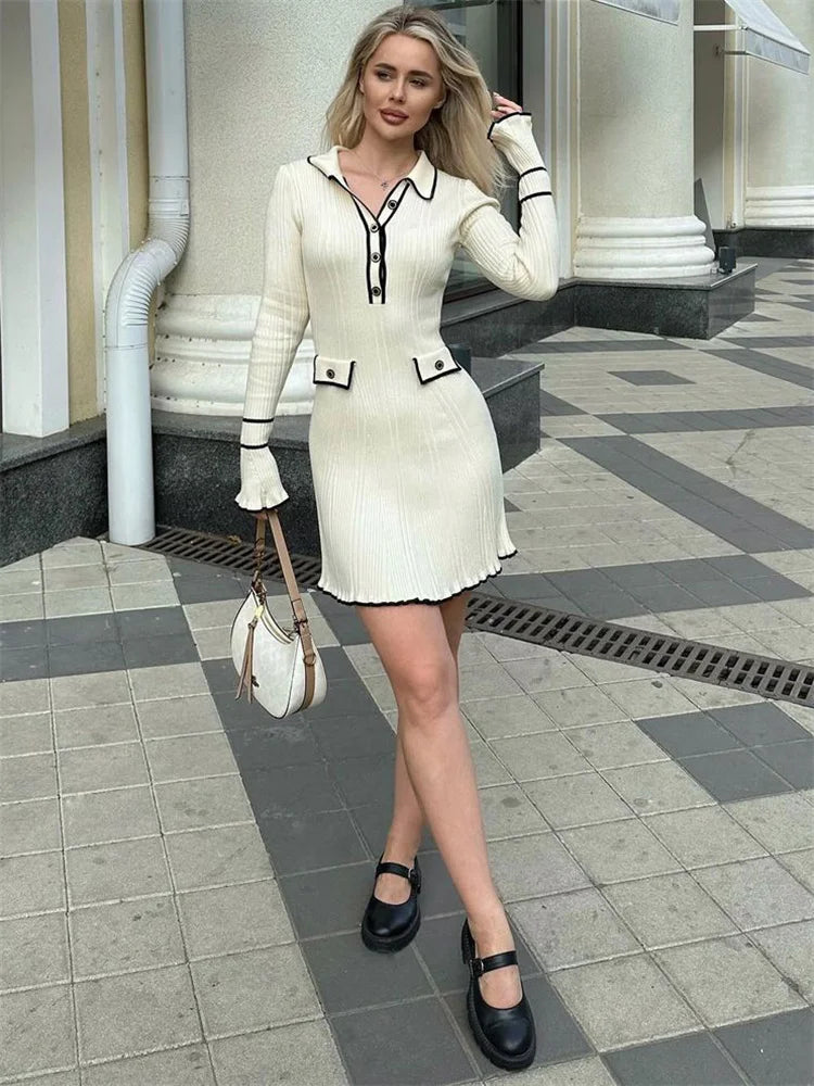 Ruffled Knit Dress Ribbed Contrast Long Sleeve High Waist Lapel Gown Dress Knit Ladies Maxi Dress