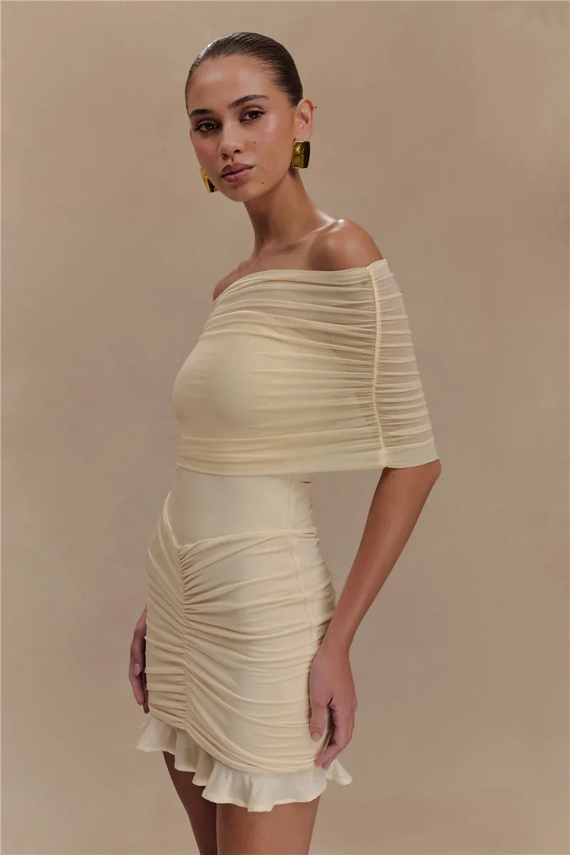 Mesh Strapless Off-shoulder Ruffled Mini Dress Backless High Waist Ruched Dress
