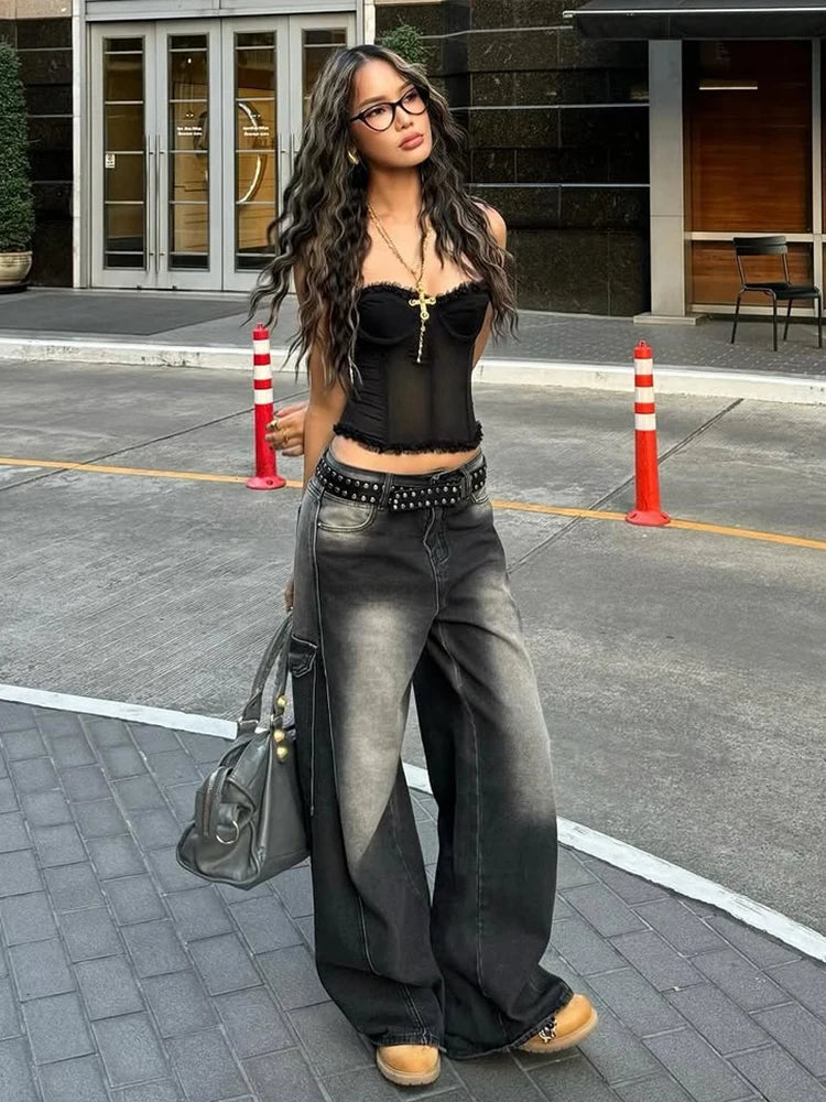Folds Strapless Top Patchwork See Through Backless Wild Vest