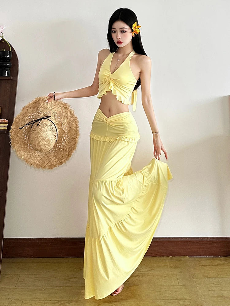 Two Piece Set Halter Backless Crop Camisole Waist Ruffles Long Skirt Ruched Street Suits