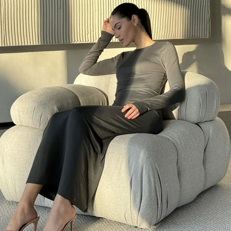 Round Neck Long-Sleev Package Hip Long Dress Wait Bottoming Long Skirt