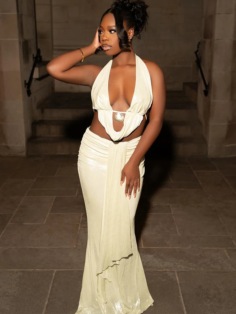 Matching 2 Piece Set Swinging Neck Backless Tanks Pleated Ribbons Maxi Skirts Attire
