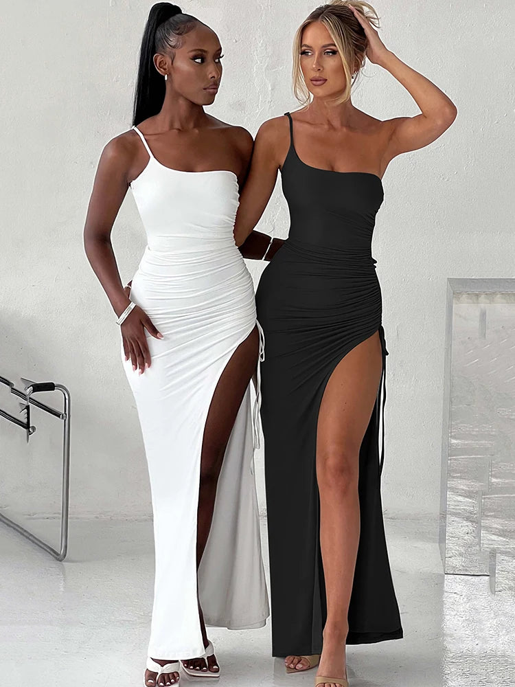 Drawstring High Slit Dress One Shoulder Slim Maxi Bodycon Pleated Dresses