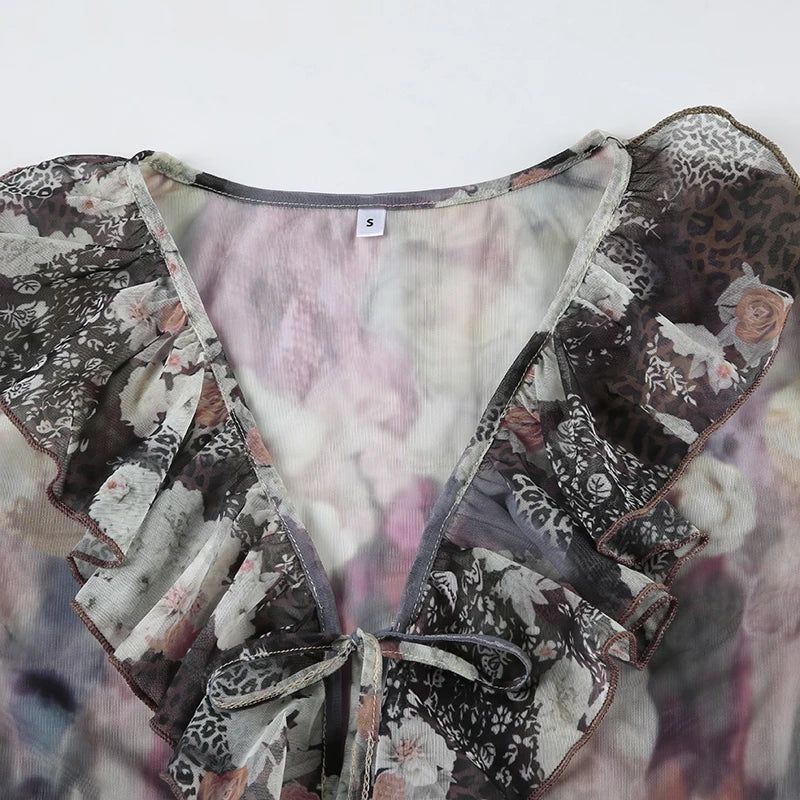 Tie Dye Shirt Ruffle Flare Sleeve Lace-up Retro See-through