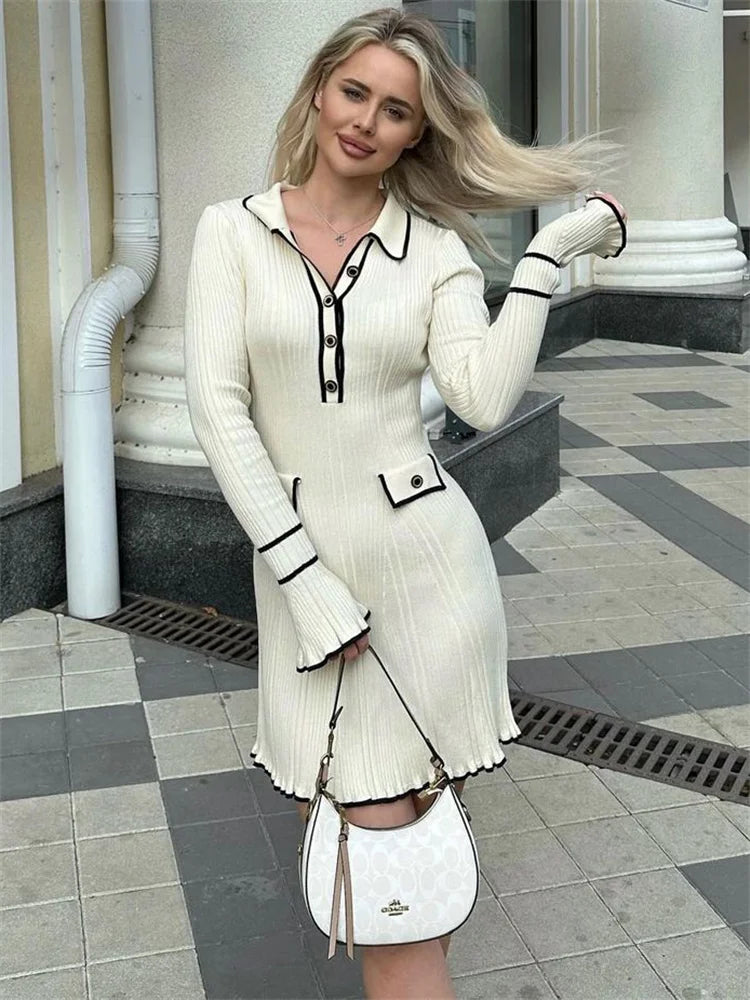 Ruffled Knit Dress Ribbed Contrast Long Sleeve High Waist Lapel Gown Dress Knit Ladies Maxi Dress