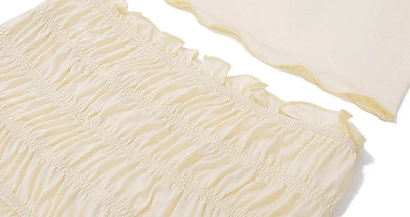 Slash-neck Knot Twist T Shirt With Elastic Slim Ruffles Cake Skirt French Two Piece Set