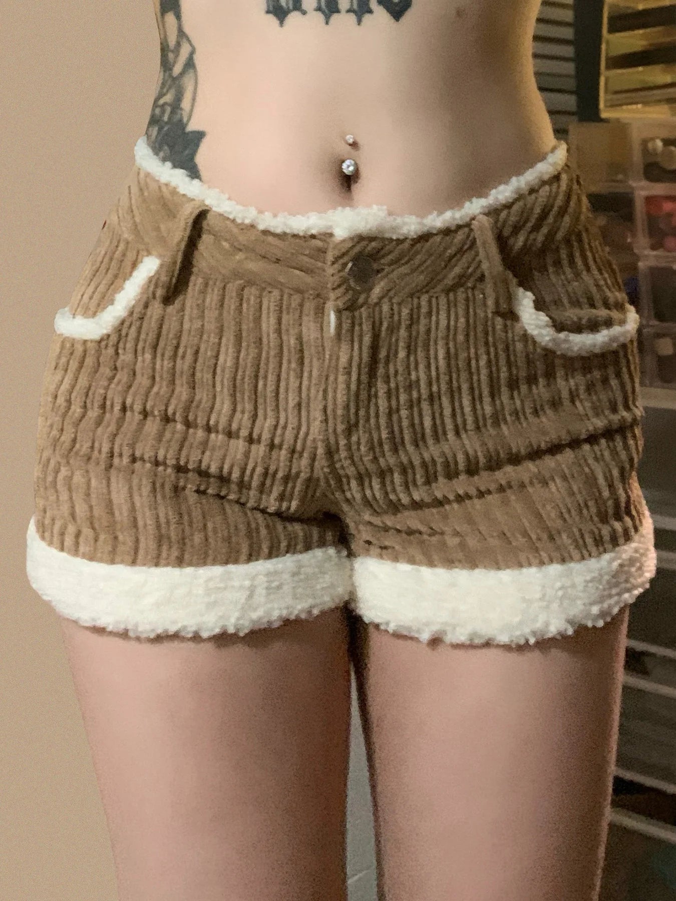 Retro Corduroy 's Shorts Knitted s Low Waisted Fur Patchwork Shorts