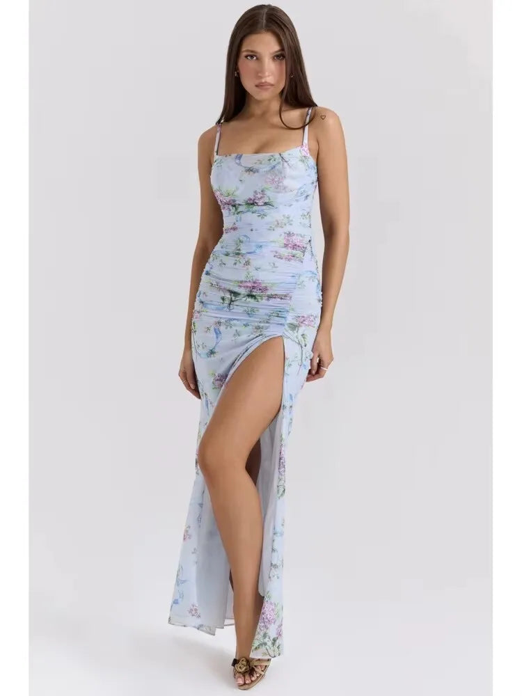 High Slit Floral Maxi Dress Purple Spaghetti Strap Evening Dress Slim
