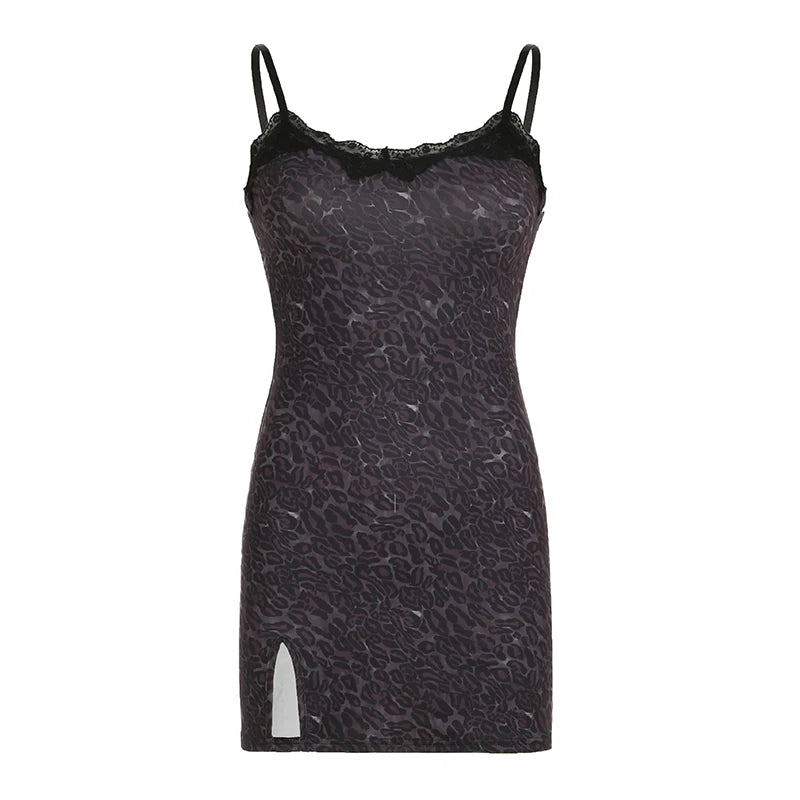 Leopard Print Mini Dress Lace Patchwork Bodycon 's Spaghetti Strap Evening Dress