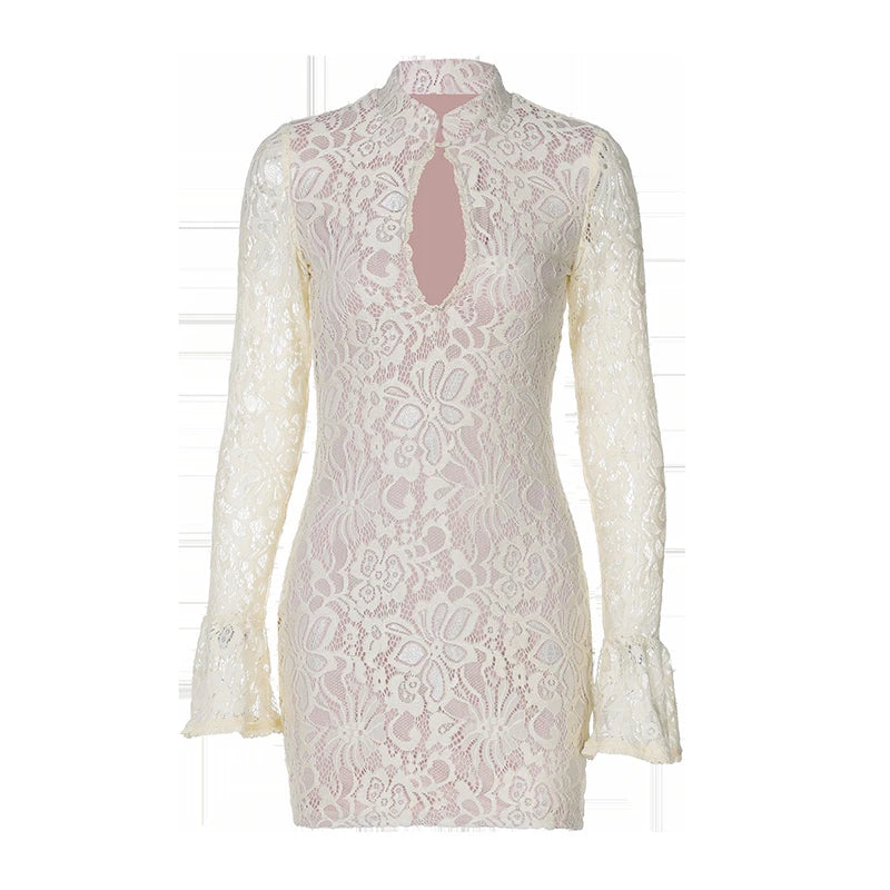 Lace Hollow Out Long Sleeve Mini Dress Half High Collar Bodycon Dress Dresses