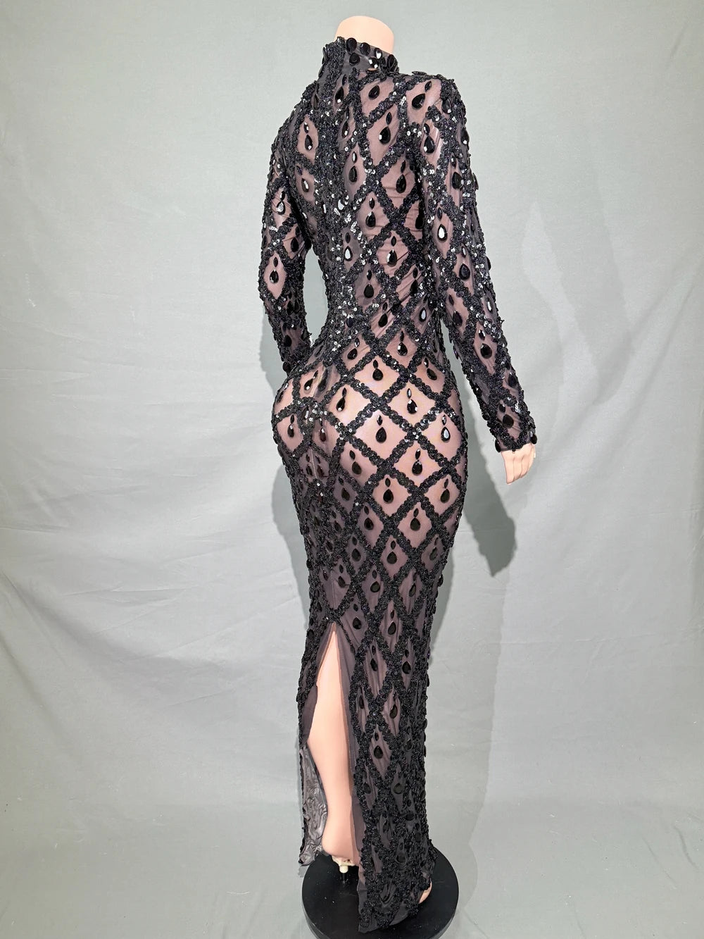 Sparkly Sequins Crystals Long Dress Prom Birthday Dress Transparent Performance Costume Show Stage Wear