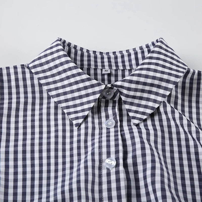 American Retro Short Sleeve Plaid Shirts Button Up Turn Down Collar Preppy Tops