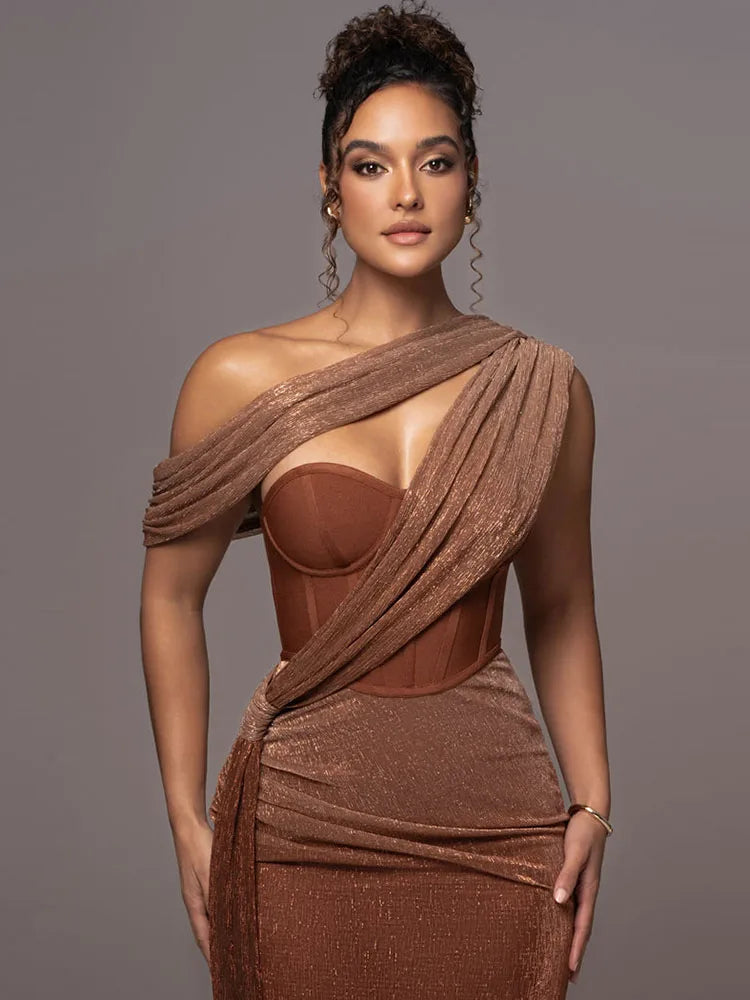 One Shoulder Draped Glitter Long Dress Brown Corset Sparkly Backless Bodycon Maxi Dresses Evening Gowns