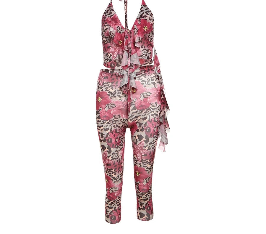 Flower Print Two Piece Set Halter Ruffles Low-Neck Backless Crop Top Skinny Panst Suits