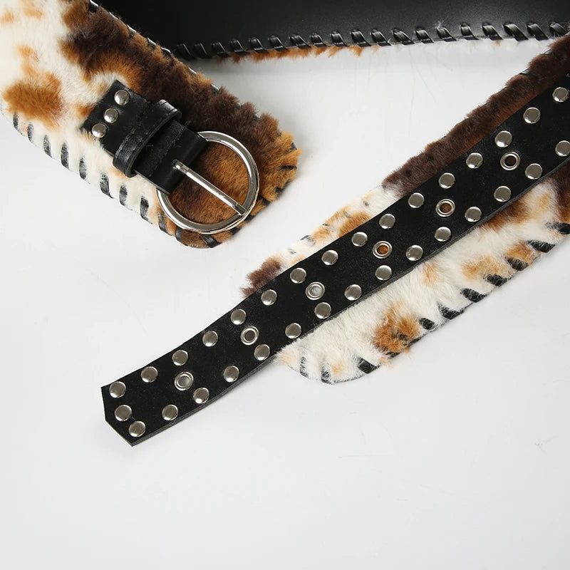 Cow Stripe Furry PU Belts Fairycore Grunge Leather Sashes Adjustable Accessories