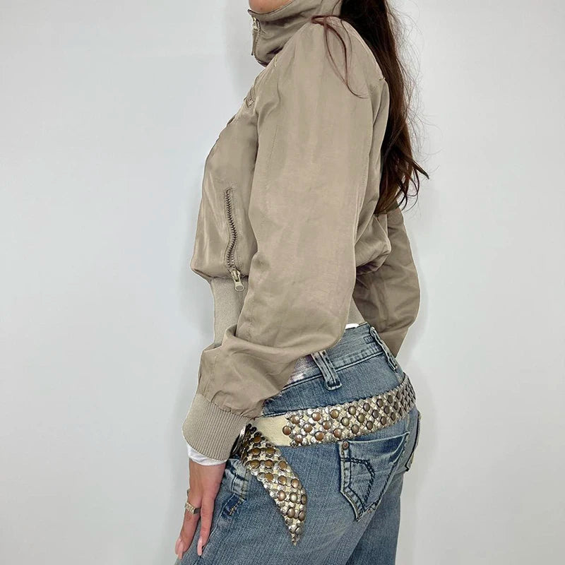 Patchwork Jackets Pockets Turn-down Collar 's Coats Zipper