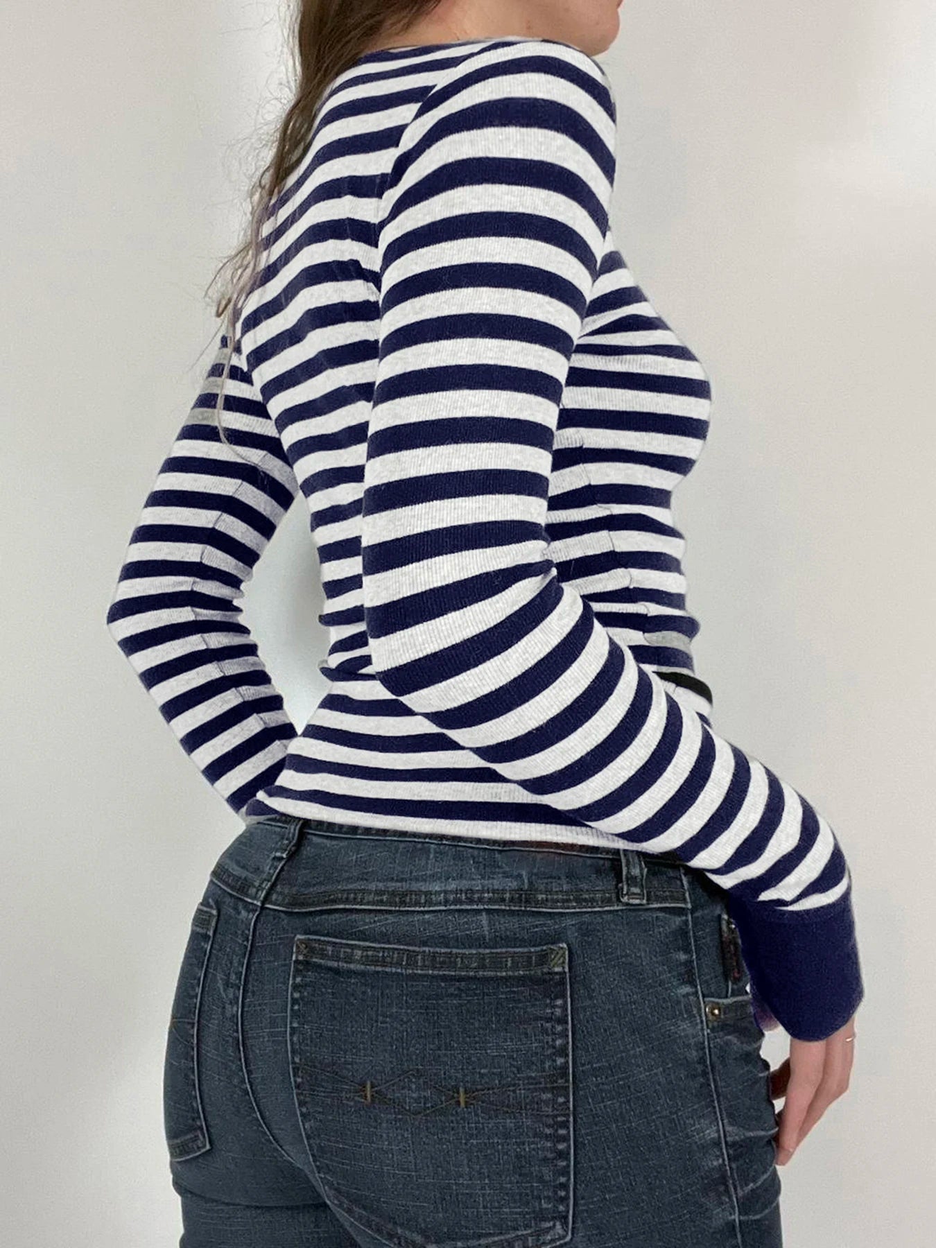Striped Crewneck Top Tee Long Sleeves Slim